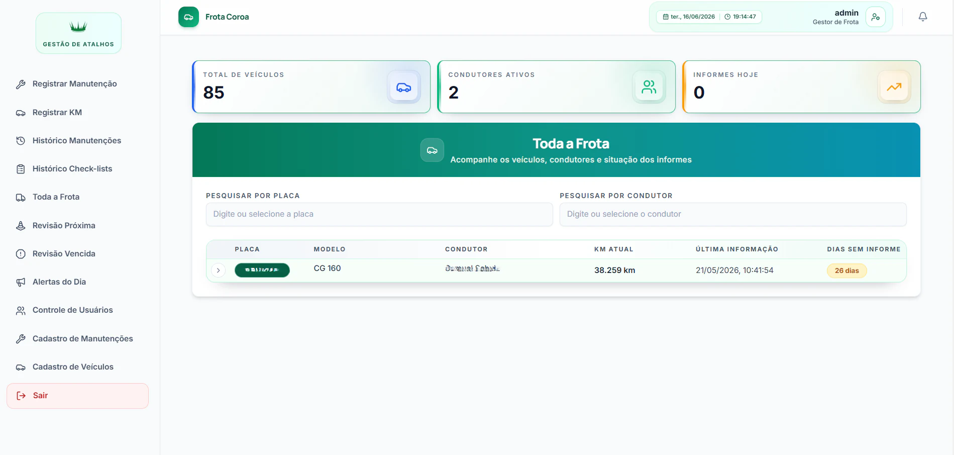 Tela inicial do Controle de Frotas