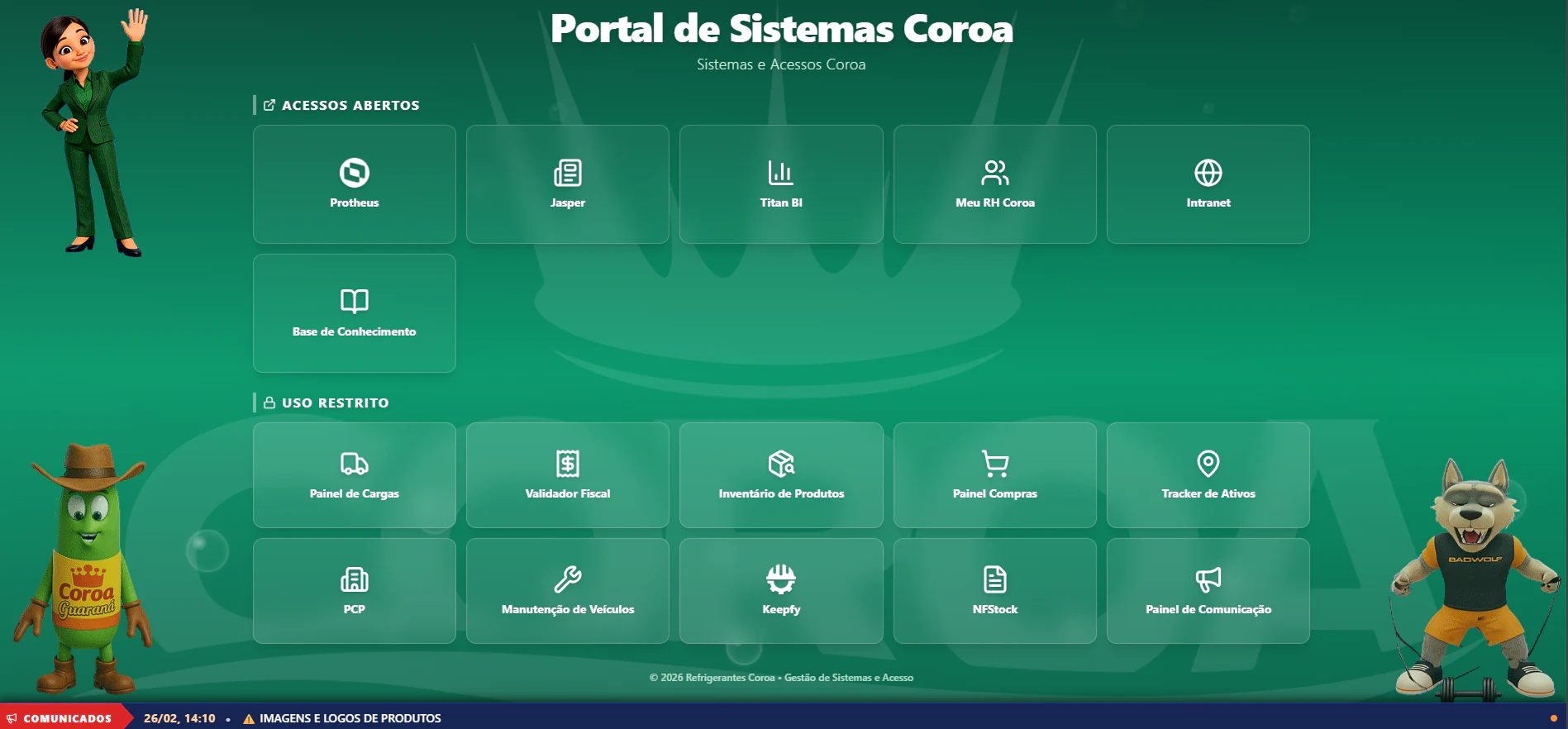 Tela do portal interno Universo Coroa antes da refatoracao