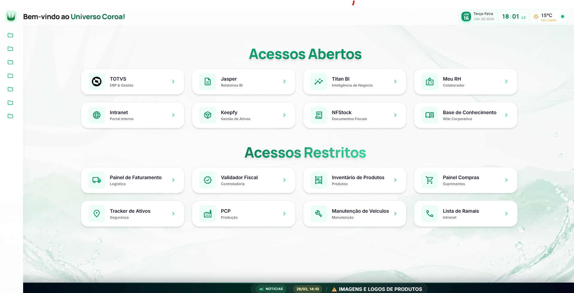 Tela refatorada do portal interno Universo Coroa